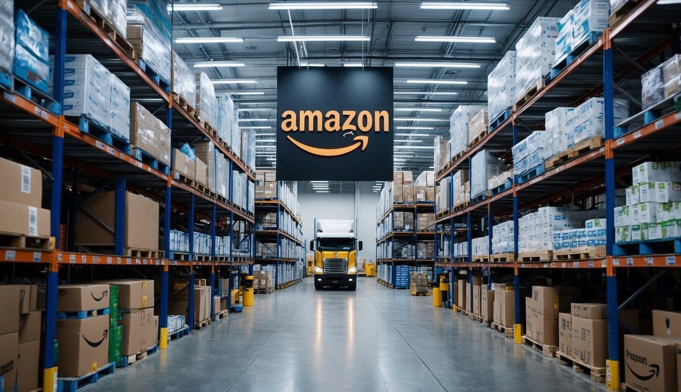 A bustling Amazon warehouse with products flying off the shelves, delivery trucks coming and going, and the company's logo prominently displayed