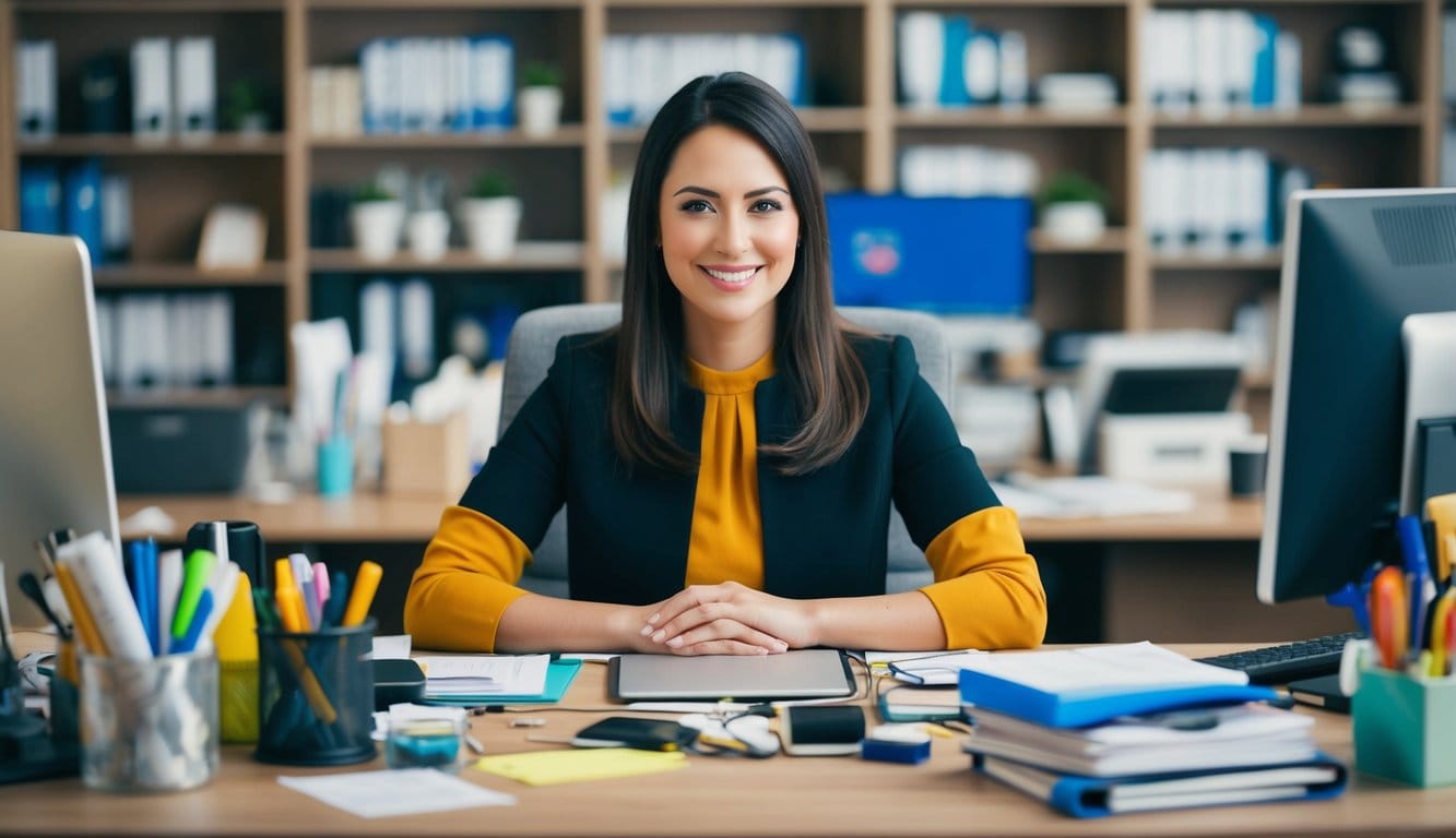 An Amazon VA working on a computer, surrounded by office supplies and a busy workspace