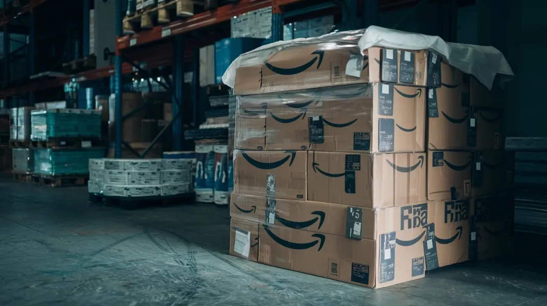 A stack of unsold Amazon FBA products gathering dust in a dimly lit warehouse