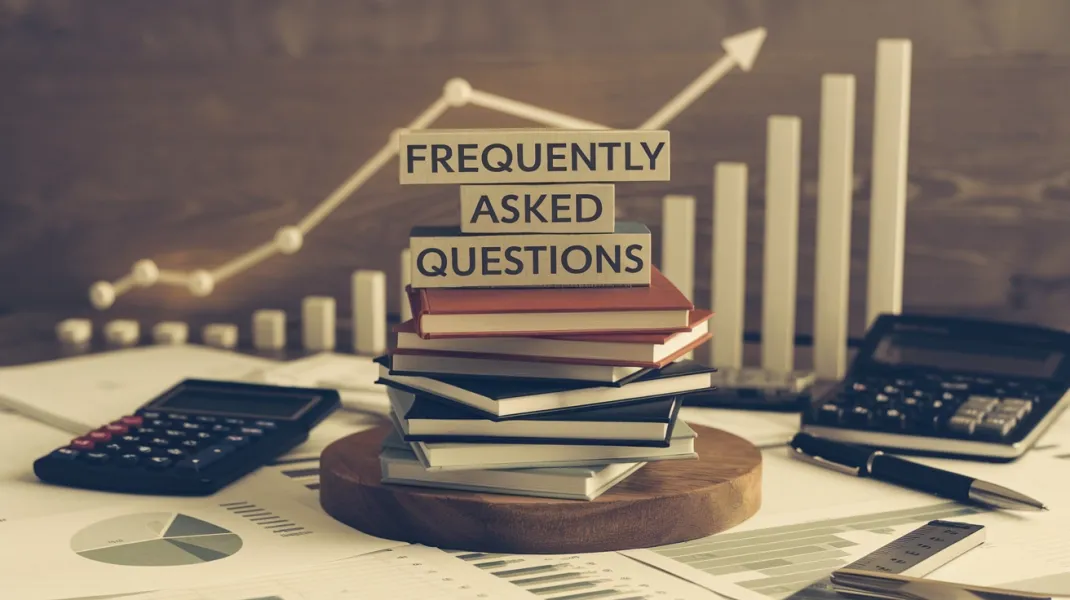 A stack of books with "Frequently Asked Questions" on top, surrounded by various products and a rising sales graph