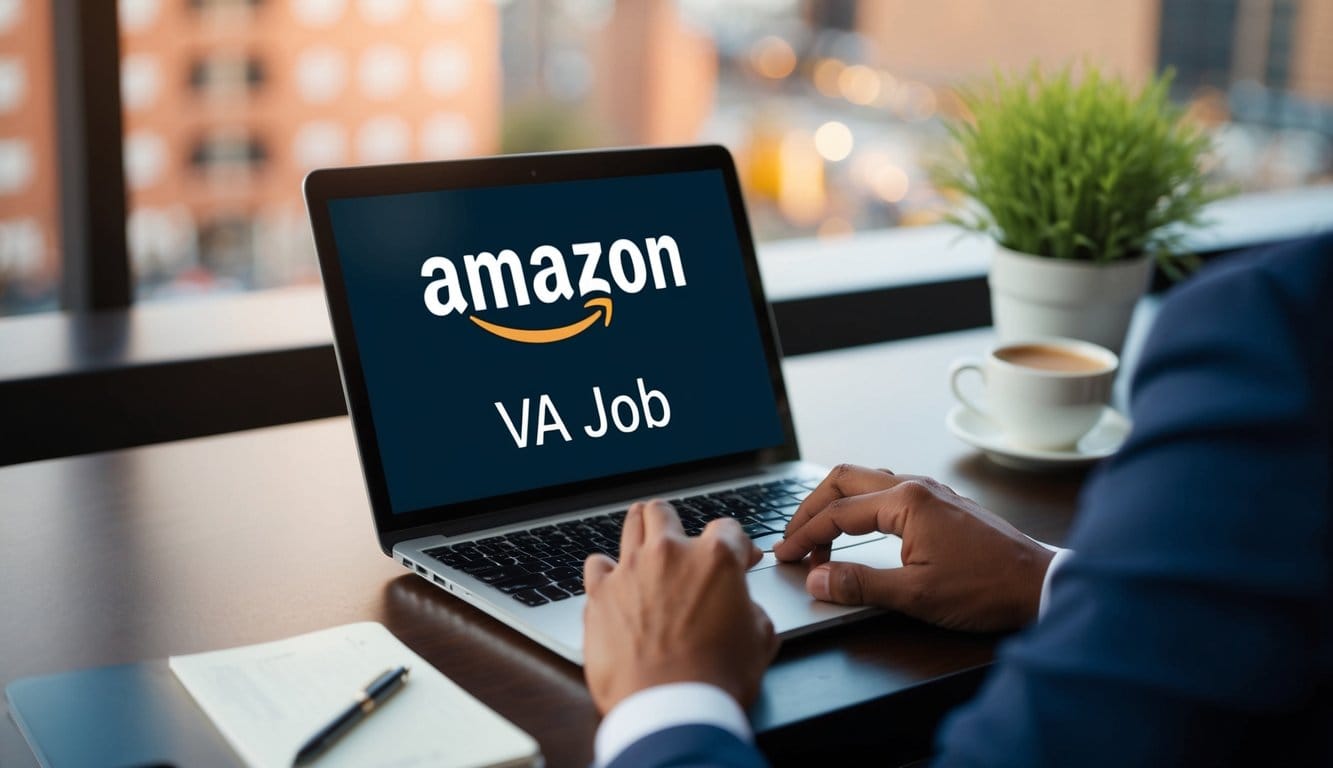 A laptop displaying Amazon VA job listings. A person with a pen and paper taking notes