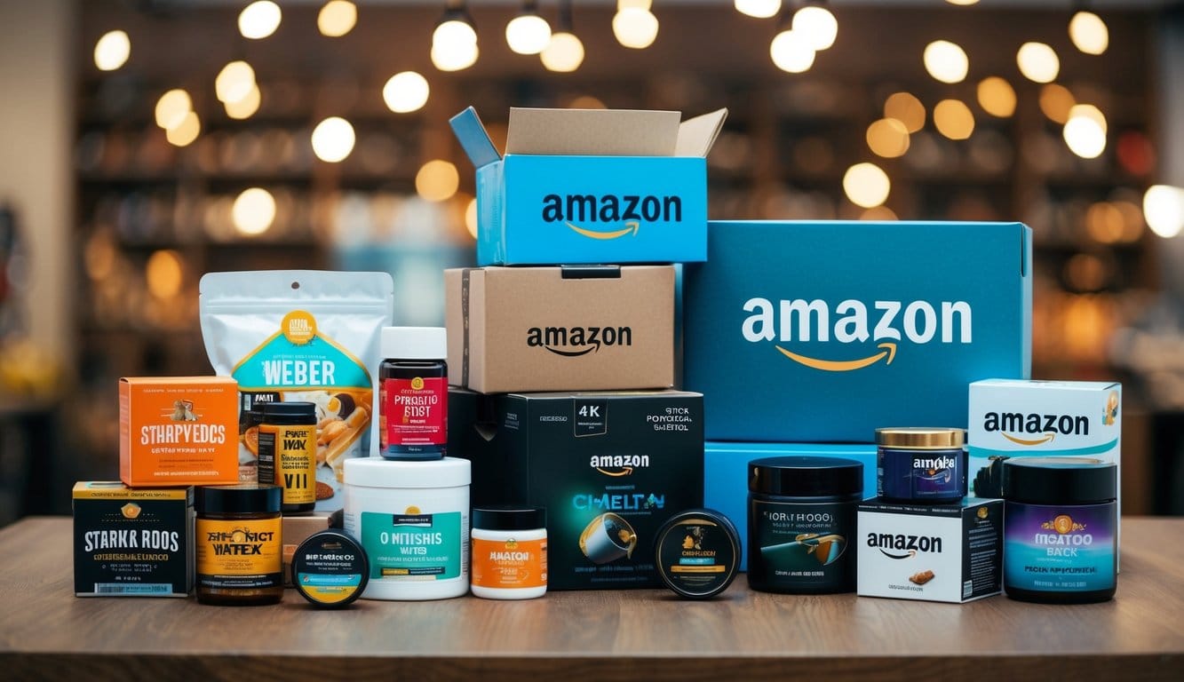 A scene showing various products from different categories on Amazon, with the most profitable category highlighted and standing out among the rest