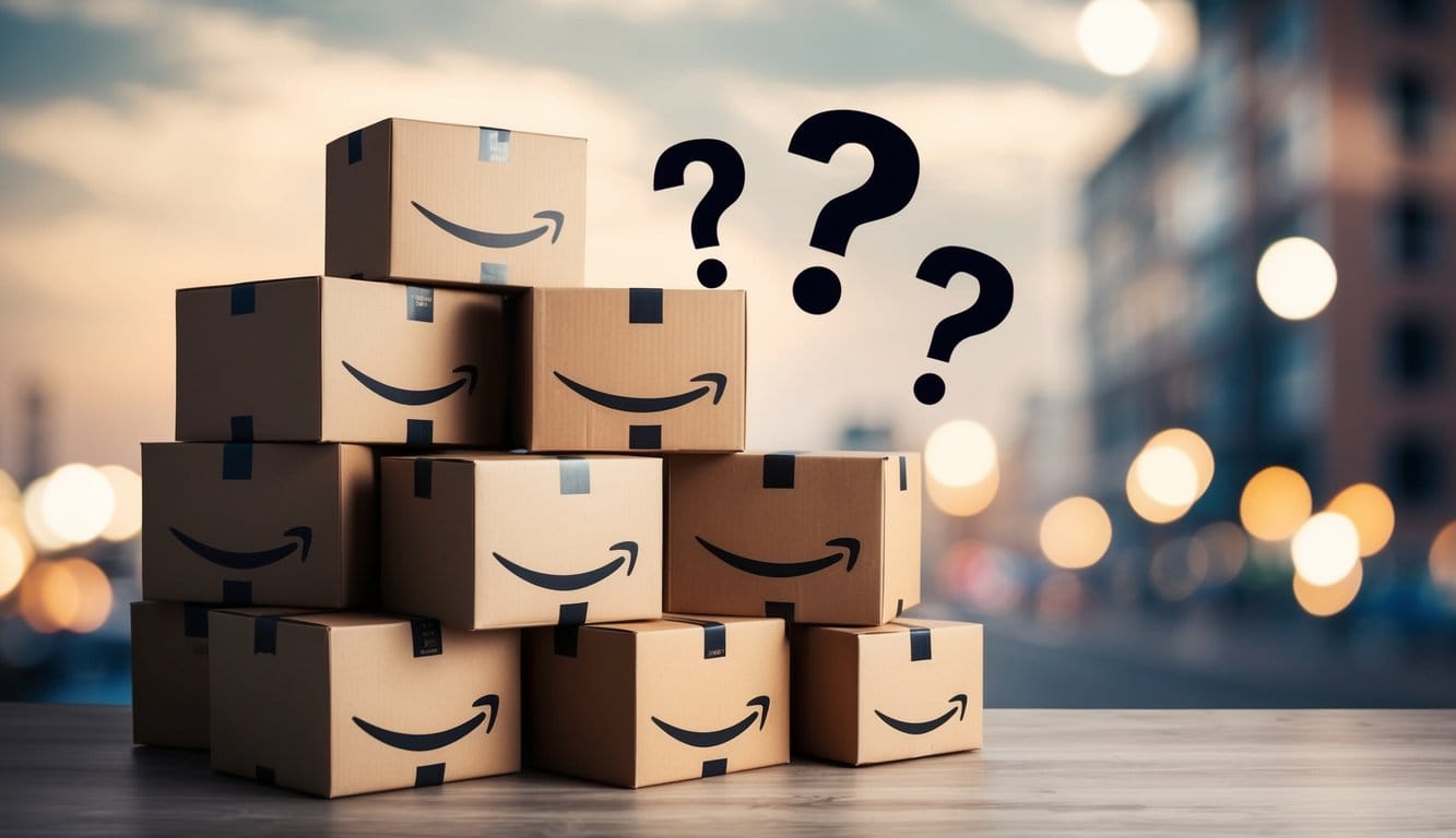 A stack of Amazon FBA boxes with question marks hovering above them