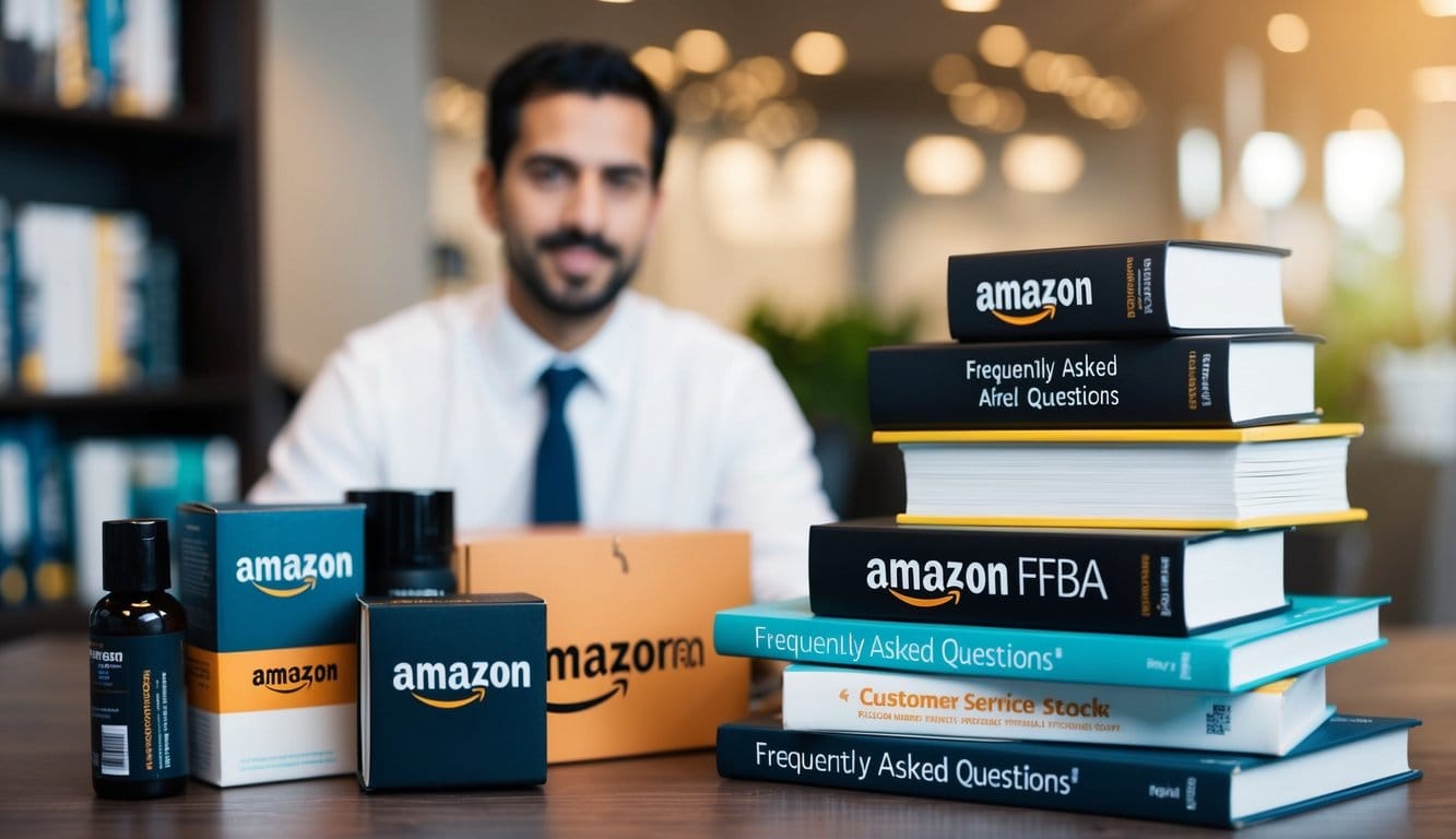 A stack of books with "Frequently Asked Questions" on top, surrounded by Amazon FBA products and a customer service representative