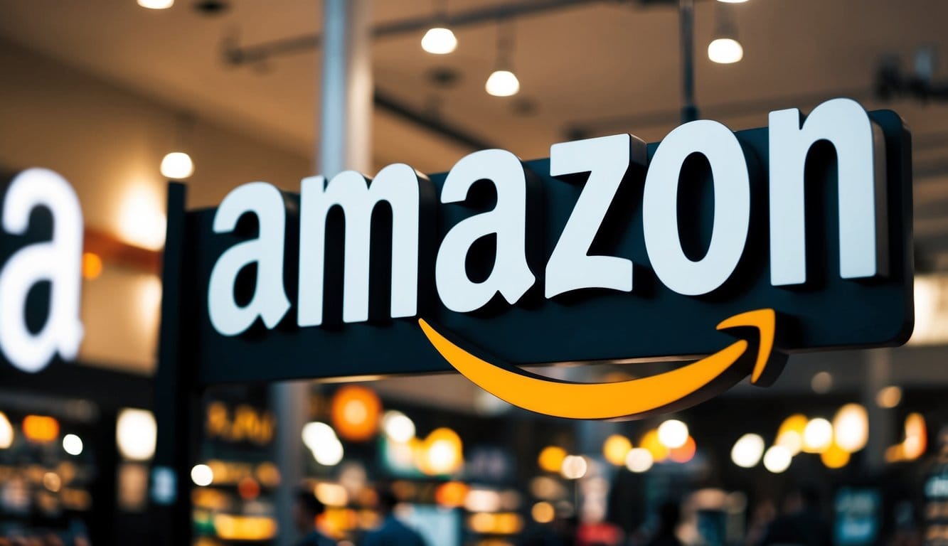 A bustling marketplace with Amazon's logo prominently displayed above a variety of products