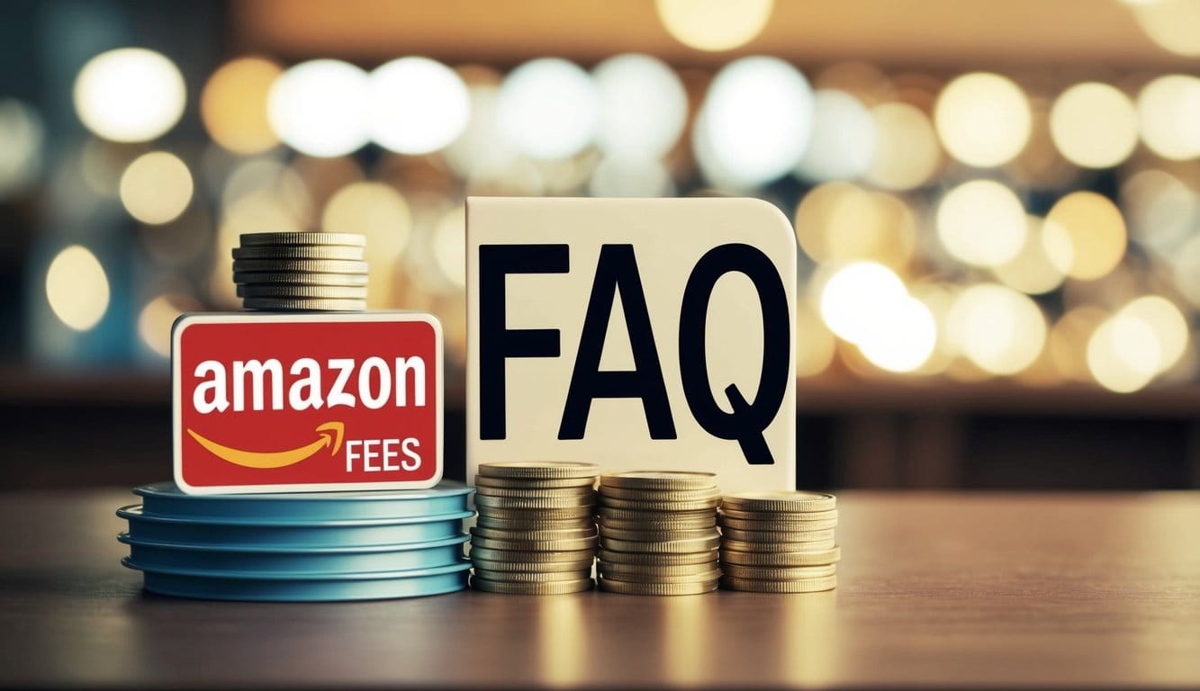 A stack of various products with Frequently Asked Questions sign for different Amazon FBA fees