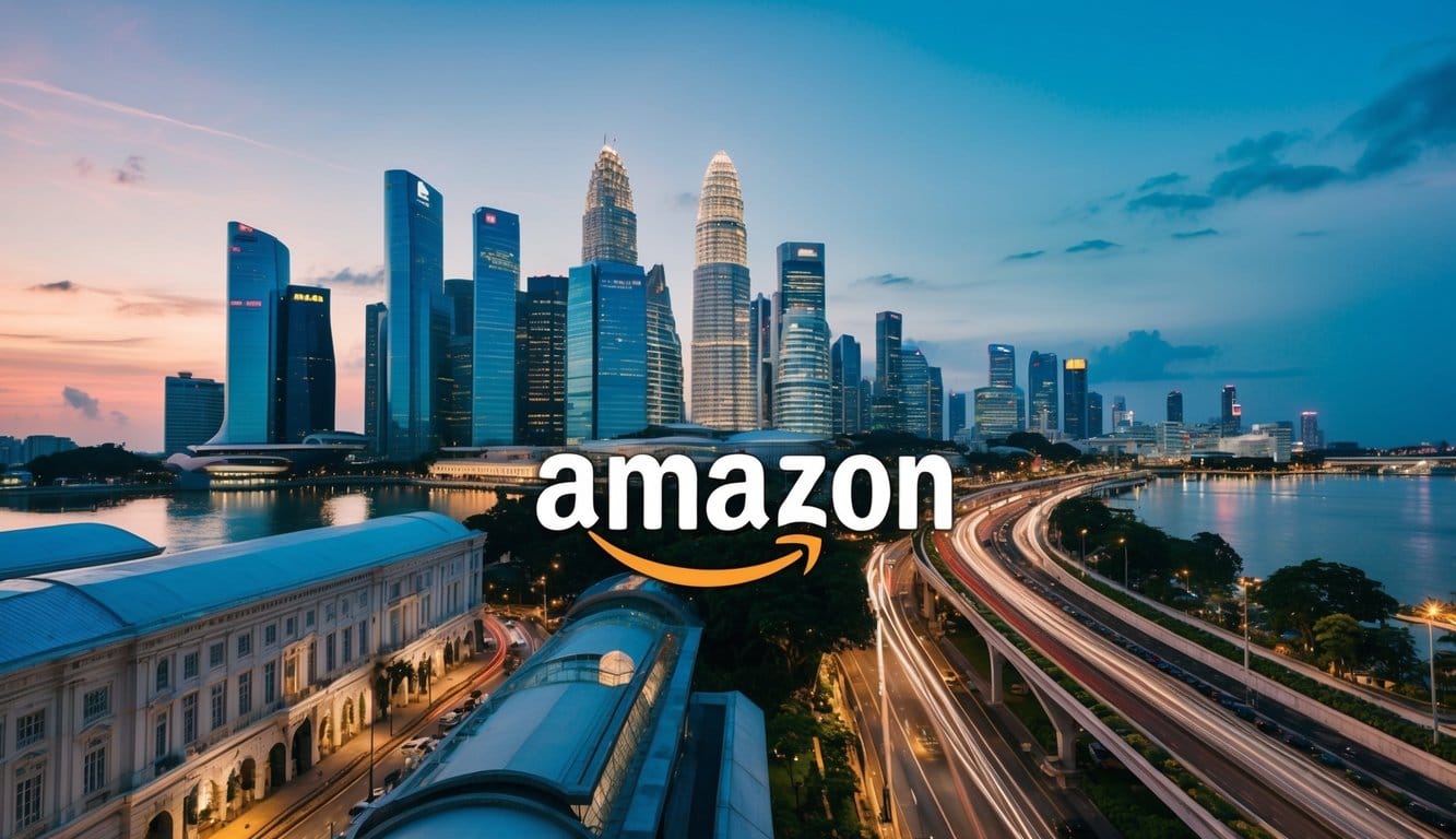 A vibrant cityscape with iconic landmarks in singapore, featuring the Amazon brand registry logo prominently displayed