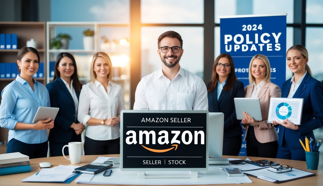 An Amazon seller surrounded by support and resources, with a display of policy updates for 2024