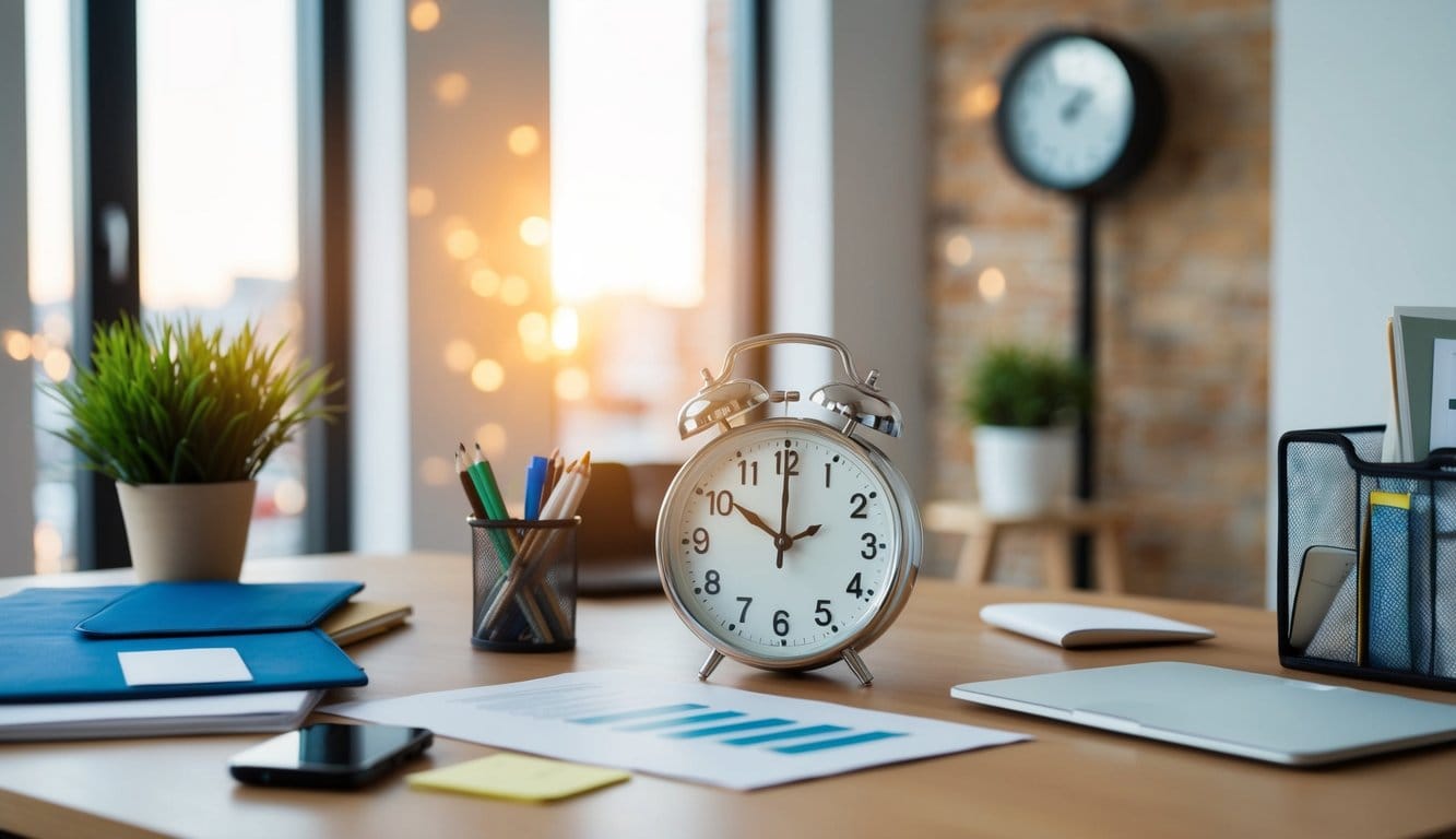 A busy Amazon seller at a desk, organizing inventory, updating listings, and a clock on the wall shows the passing time