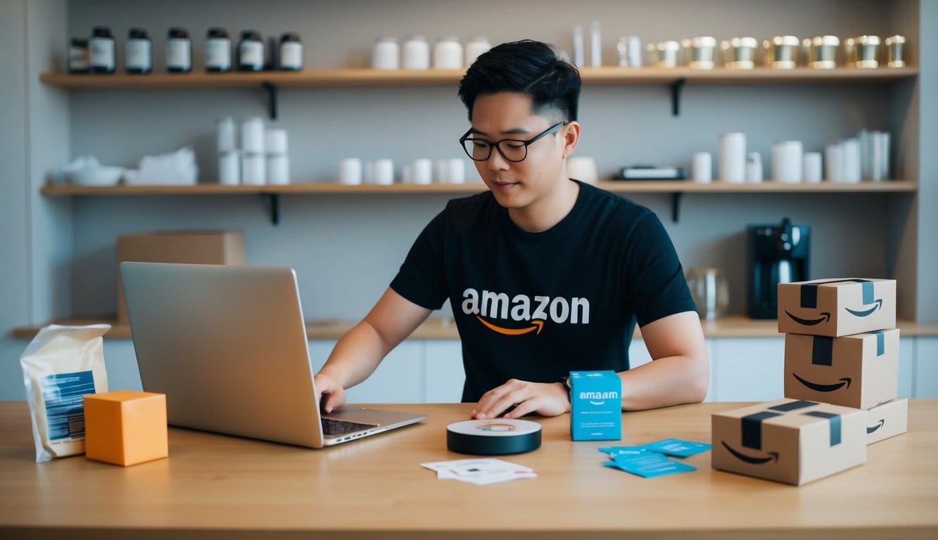 A person in Singapore sets up products for sale on Amazon USA, using a computer and packaging supplies