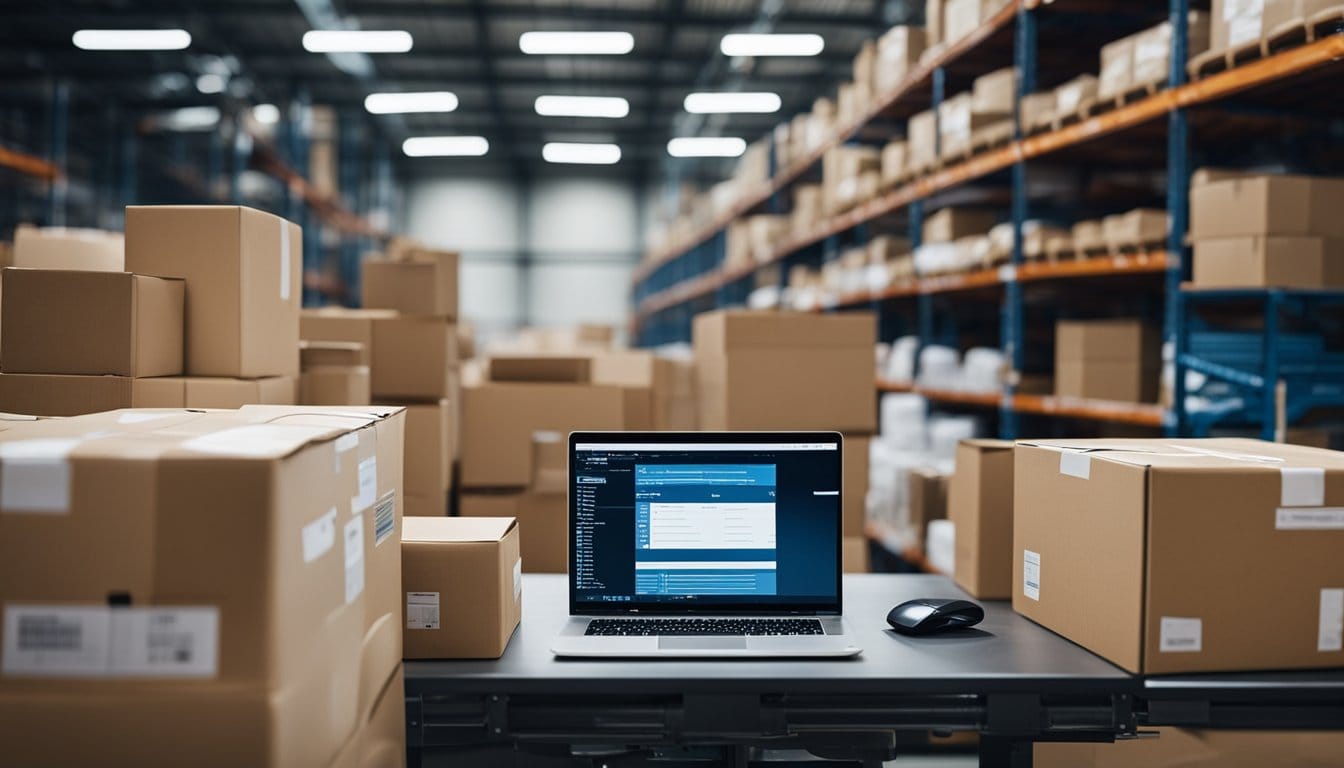 A warehouse filled with products and shipping materials, alongside a computer displaying various affiliate marketing websites