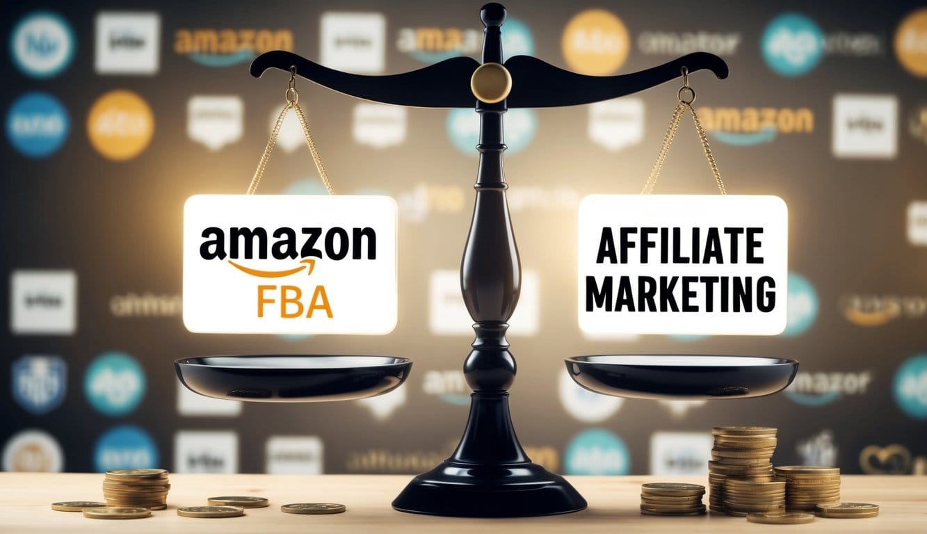 A large scale weighing balance with one side representing Amazon FBA and the other side representing affiliate marketing, surrounded by growth arrows and potential indicators