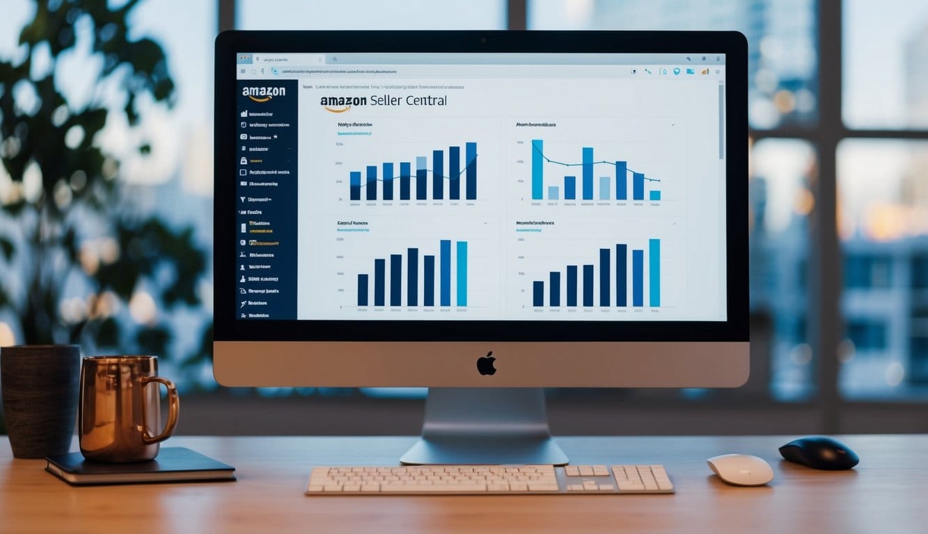 A computer screen displaying Amazon Seller Central Dashboard with various metrics and graphs