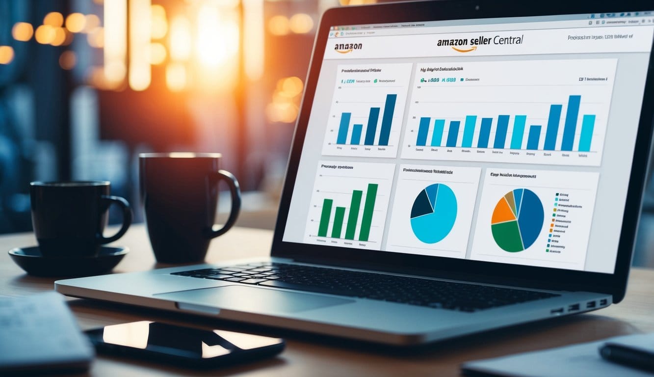 A computer screen displaying the Amazon Seller Central dashboard with various graphs, charts, and data visualizations