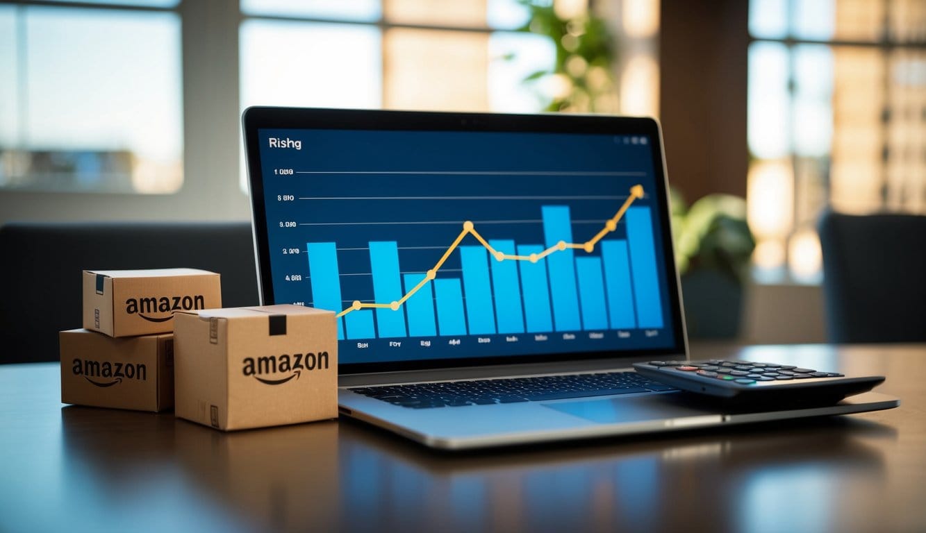 A laptop displaying a graph with a steadily increasing line, surrounded by stacks of Amazon FBA boxes and a calculator