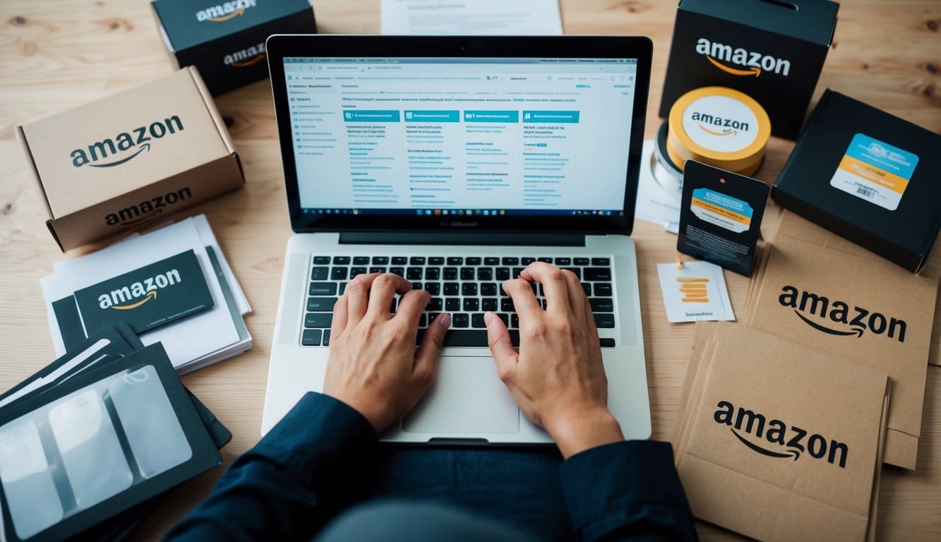 A busy office desk with a laptop open to Amazon's website, surrounded by charts, graphs, and market trend analysis reports