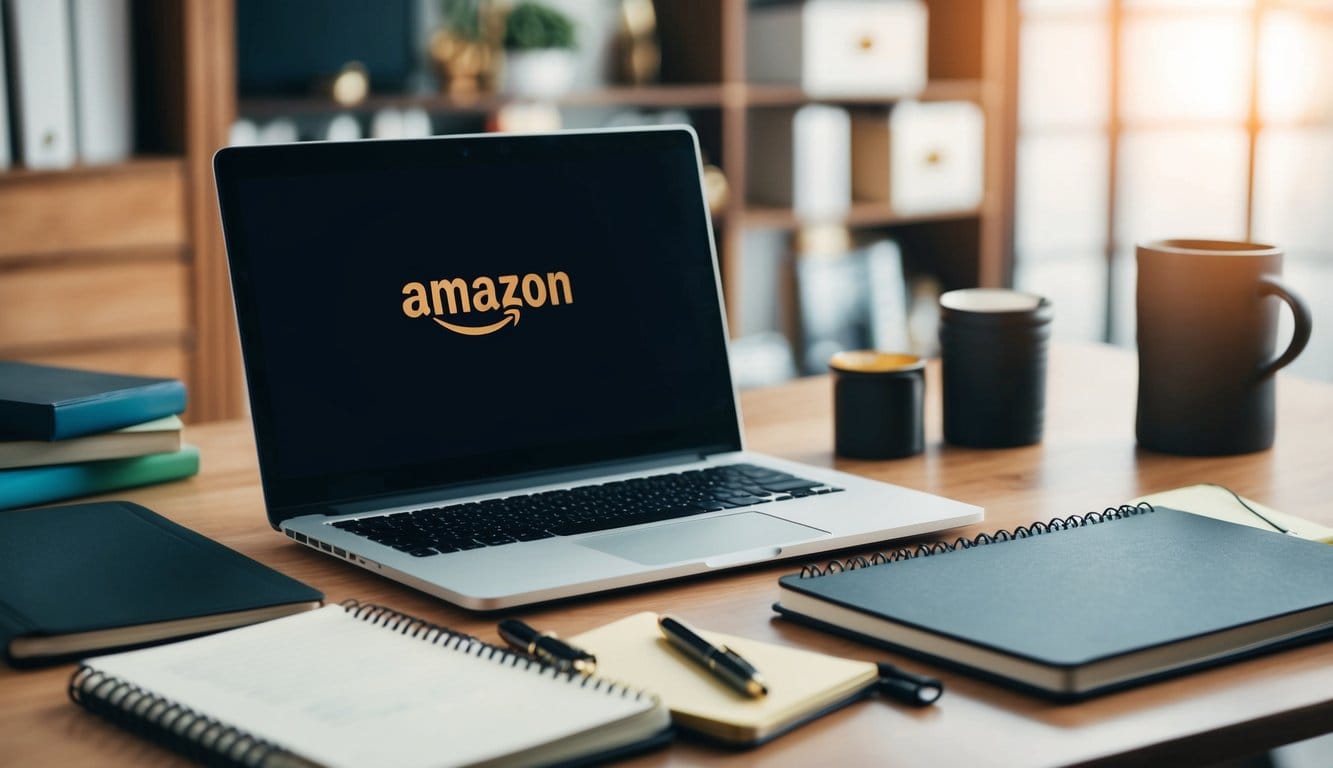 A desk with a laptop, notebook, and pen. Various Amazon products scattered around. 