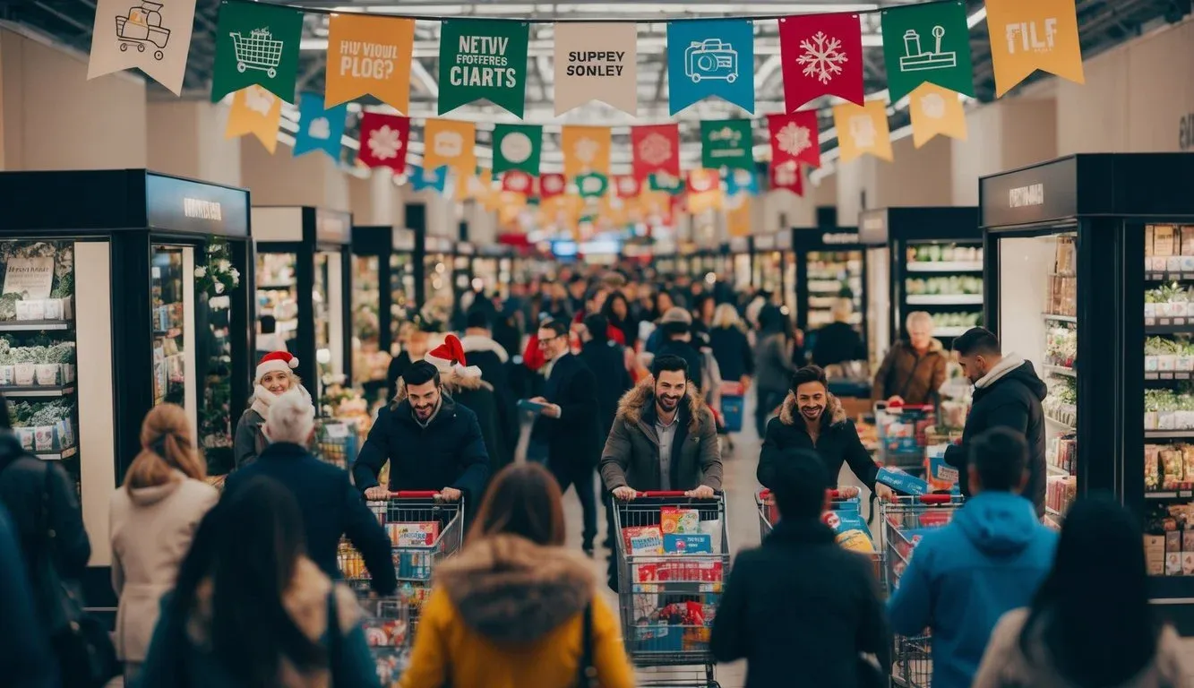 A bustling digital marketplace with festive banners, promotional pop-ups, and a flurry of online shoppers adding items to their carts