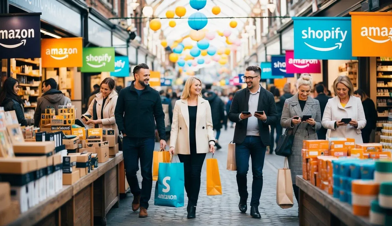 A bustling marketplace with shop owners promoting their products on Shopify and Amazon. Customers browse and make purchases, while vendors strategize for growth