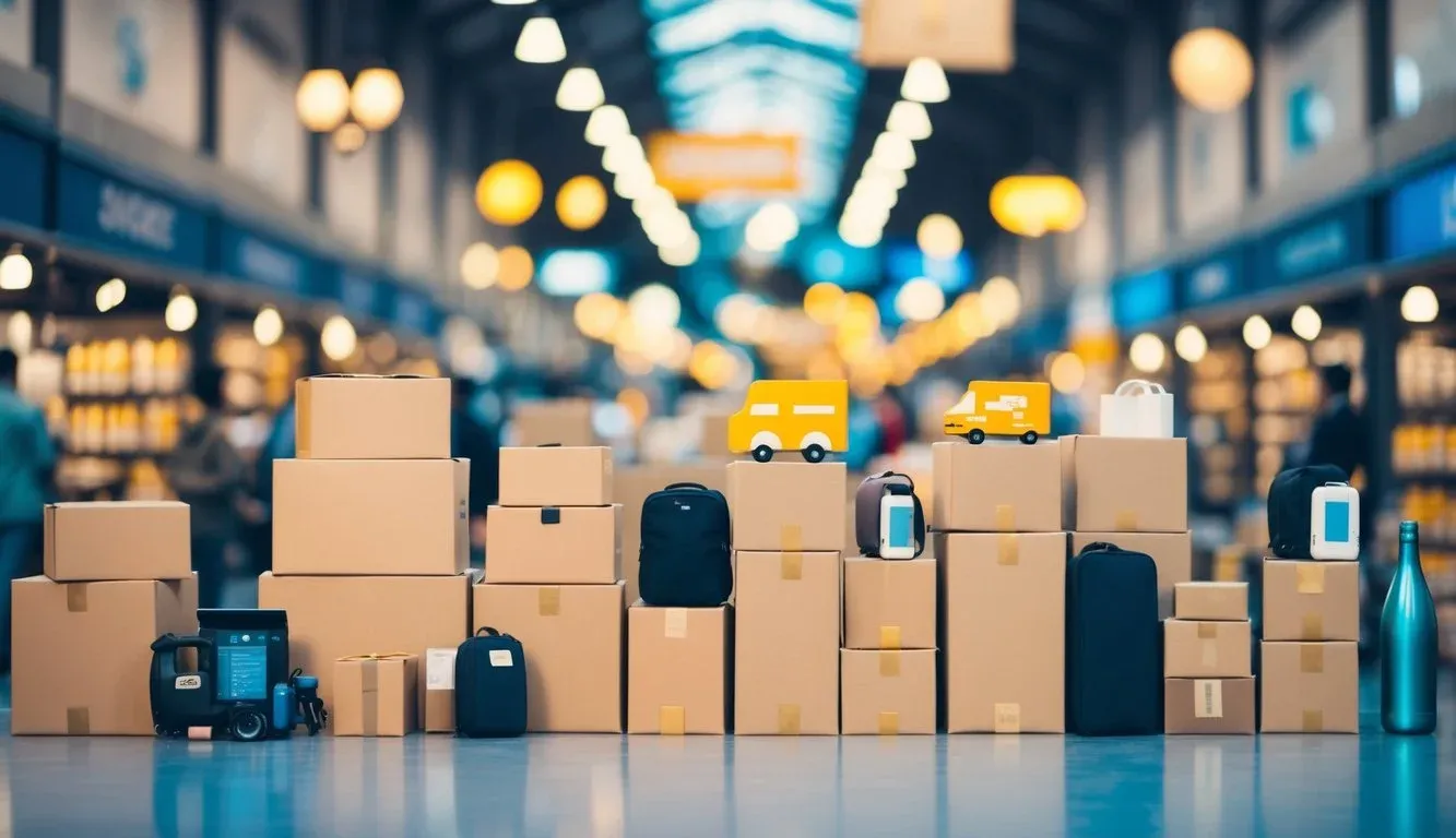 A bustling marketplace with various products being shipped directly from suppliers to customers, illustrating the concept of dropshipping