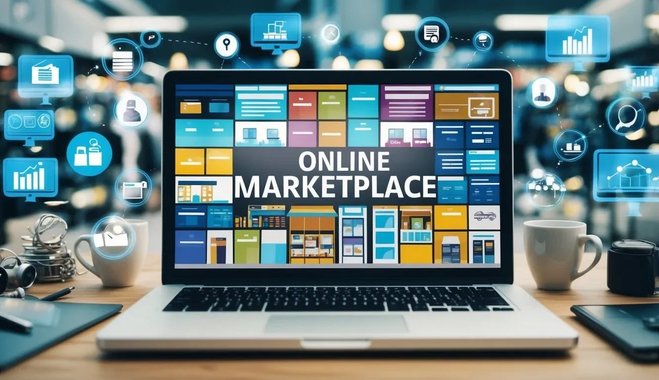 A bustling online marketplace with various product categories and storefronts, surrounded by digital marketing tools and analytics