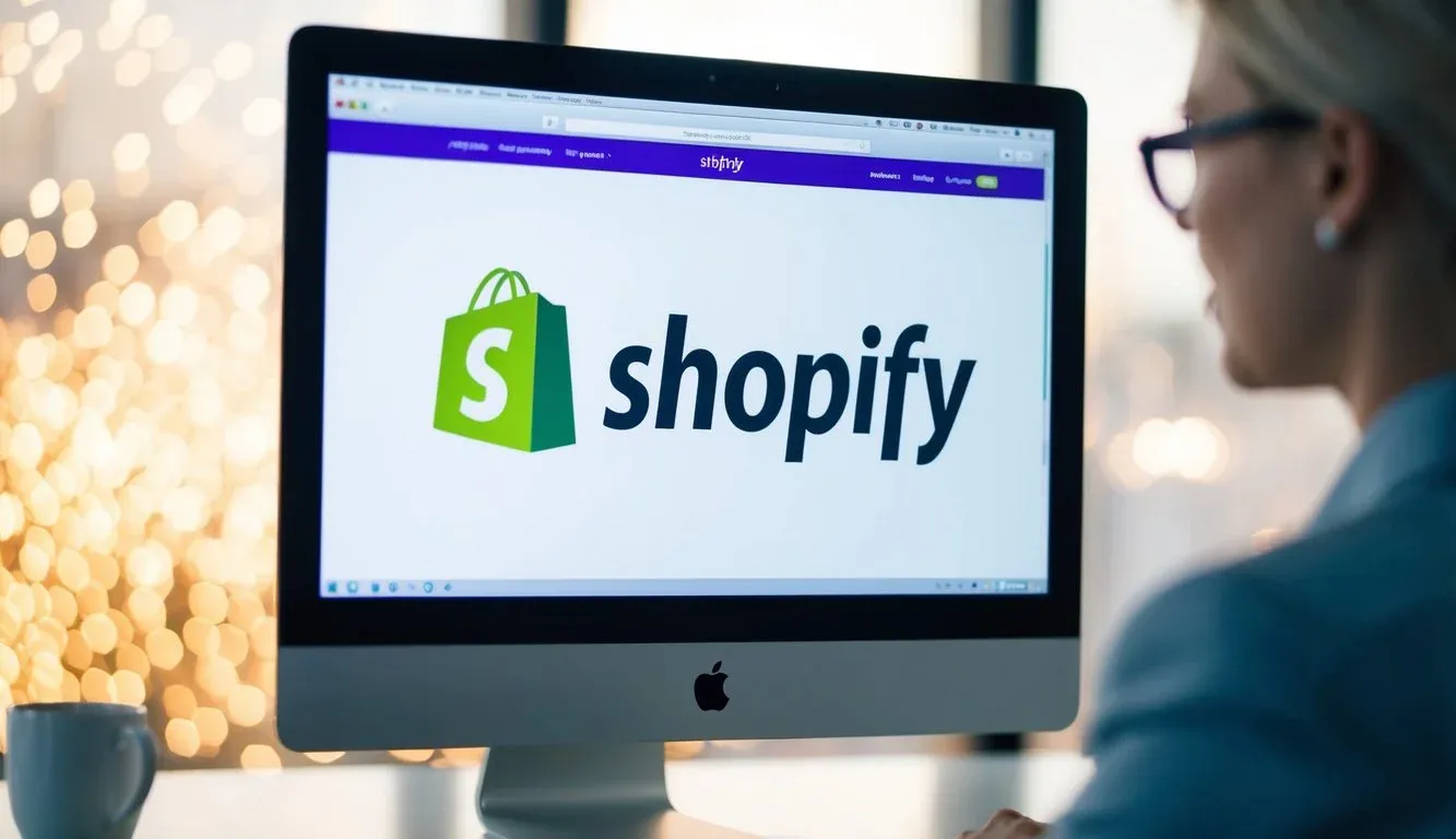 A computer screen displays the Shopify logo in vibrant colors, with the iconic shopping bag and bold lettering