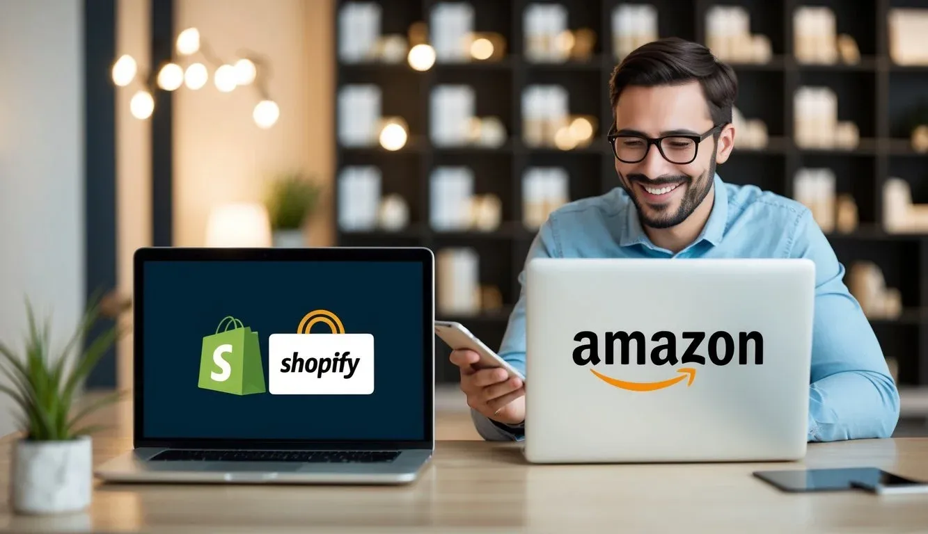 A customer happily shops online on both Shopify and Amazon, enjoying a seamless and user-friendly experience