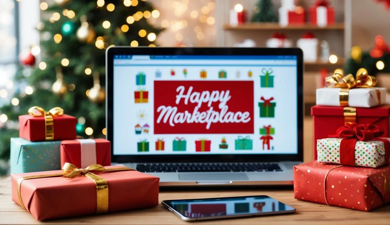 A festive online marketplace with gift-wrapped packages, digital screens, and a holiday-themed banner