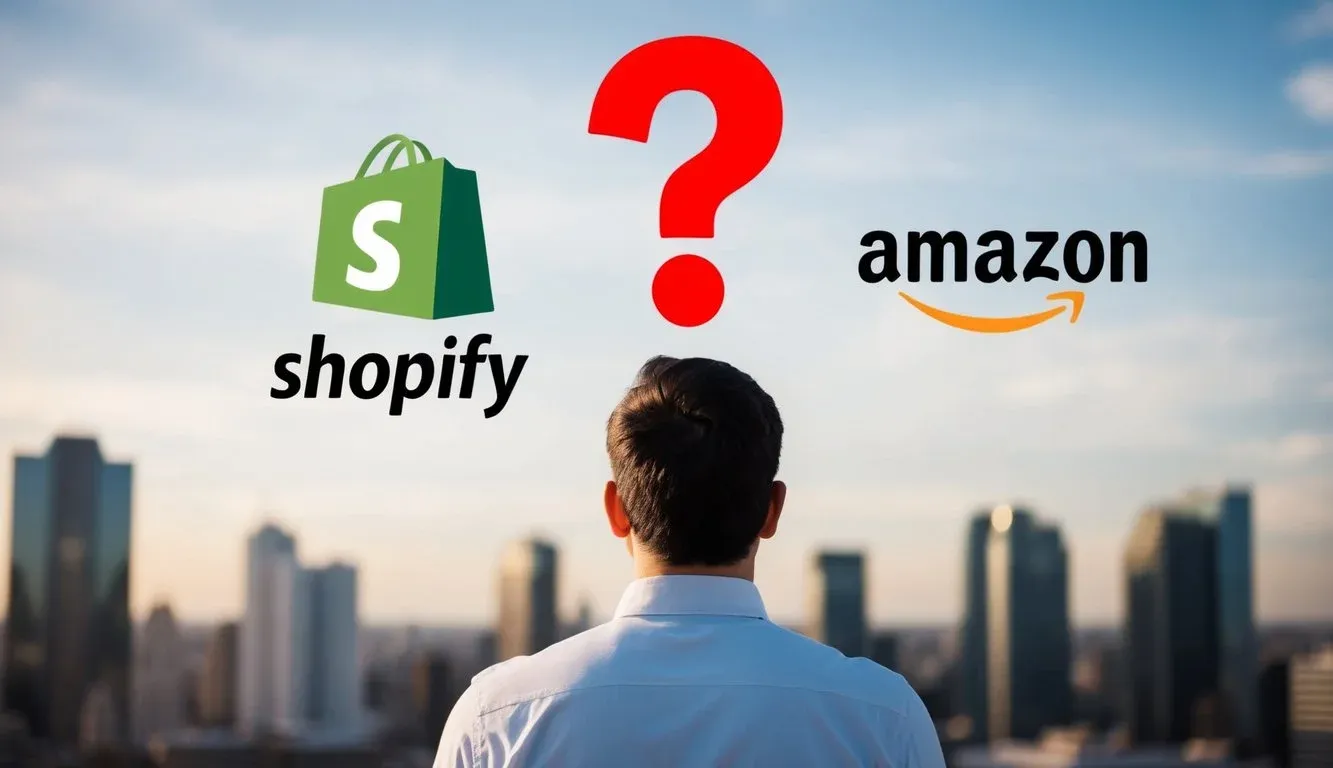 A person comparing a Shopify and Amazon logo with a question mark above their head