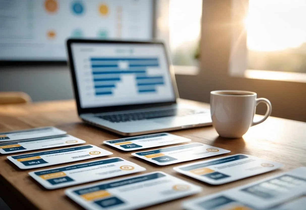A table with printed trial cards for different platforms