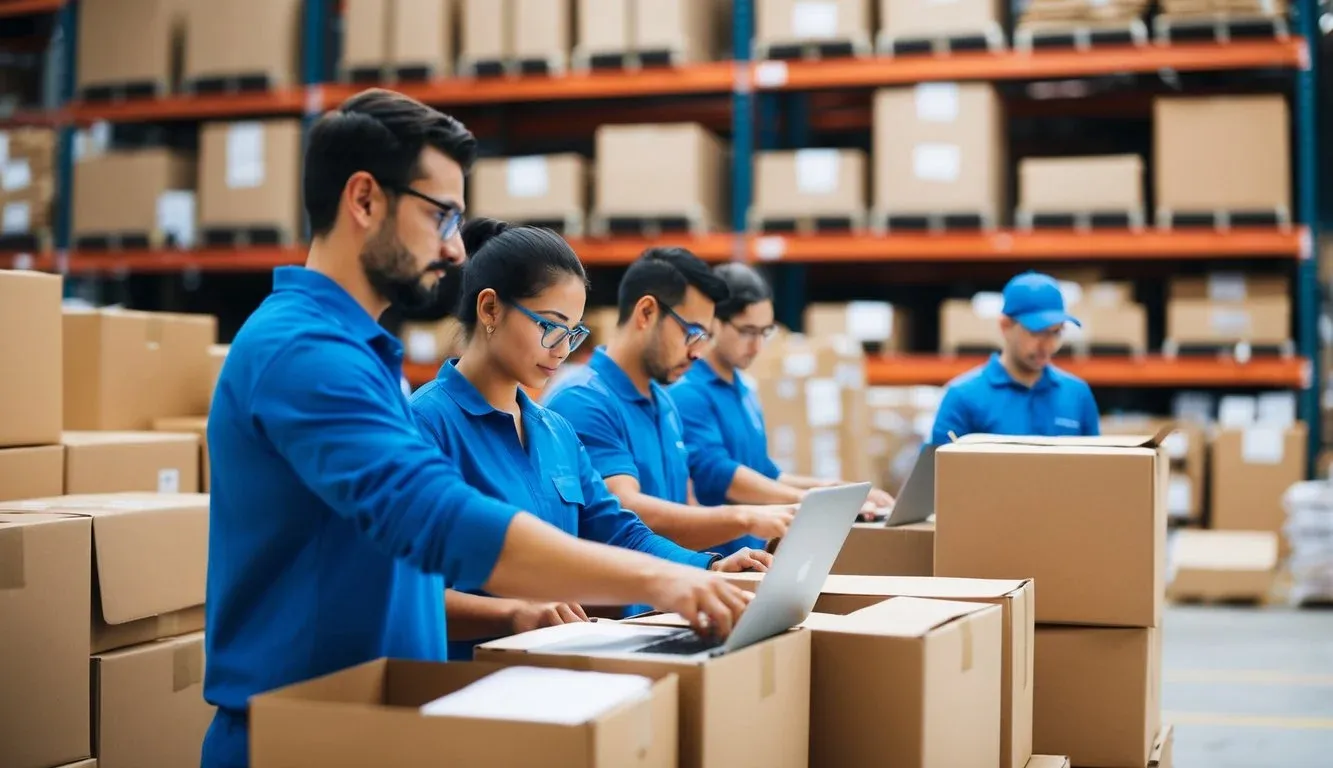 A team of workers efficiently processes orders in a bustling dropshipping warehouse