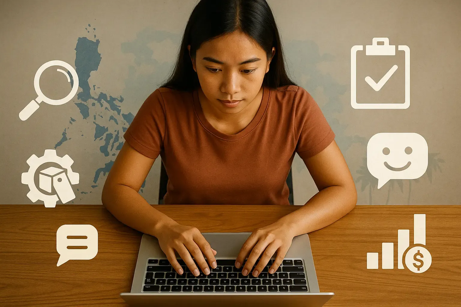 An overhead workspace view of a focused Filipino virtual assistant at a laptop, surrounded by floating graphic icons representing Amazon FBA skills: a magnifying glass over a box (product research), a gear with a tag icon (listing optimization), a clipboard with a checkmark (inventory/order management), a speech bubble with a smile (customer service), and a bar graph with a dollar sign (PPC ads). A subtle background map of the Philippines appears behind her to hint at location.