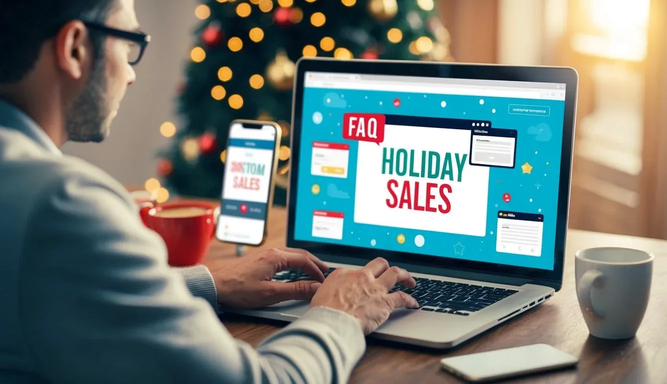 Customers browsing online holiday sales, while FAQ pop-ups appear on screen