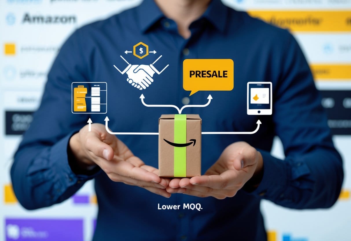 A creative flowchart-style scene with icons representing four strategies branching from a central figure (an Amazon seller holding a product sample):  Two hands shaking (joint/co-buyer orders),  A bundled package (product bundling),  A "Presale" tag with customers placing orders online,  A simplified product (basic color/material swatch). Each branch leads to a small box labeled “Lower MOQ” at the bottom. The background suggests an Amazon storefront dashboard.