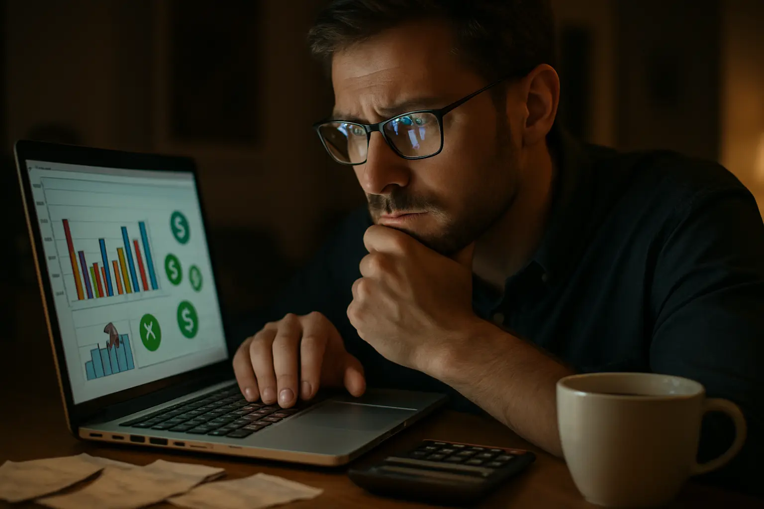 A lifelike close-up of a business owner reviewing a monthly expense report on a laptop at night.