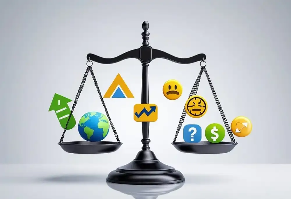 the classic justice scale, but instead of gold bars, each side is filled with icons: Left (Pros): Shopping cart, graph arrow, world icon, automation gear Right (Cons): Alarm clock, angry emoji, shipping box with question mark, refund icon