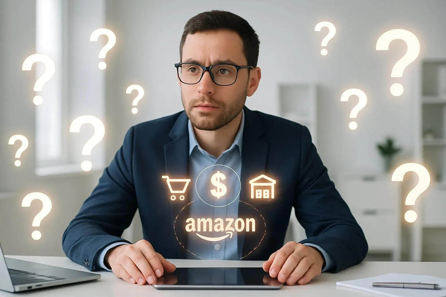 A seller surrounded by floating question mark icons, each glowing slightly.