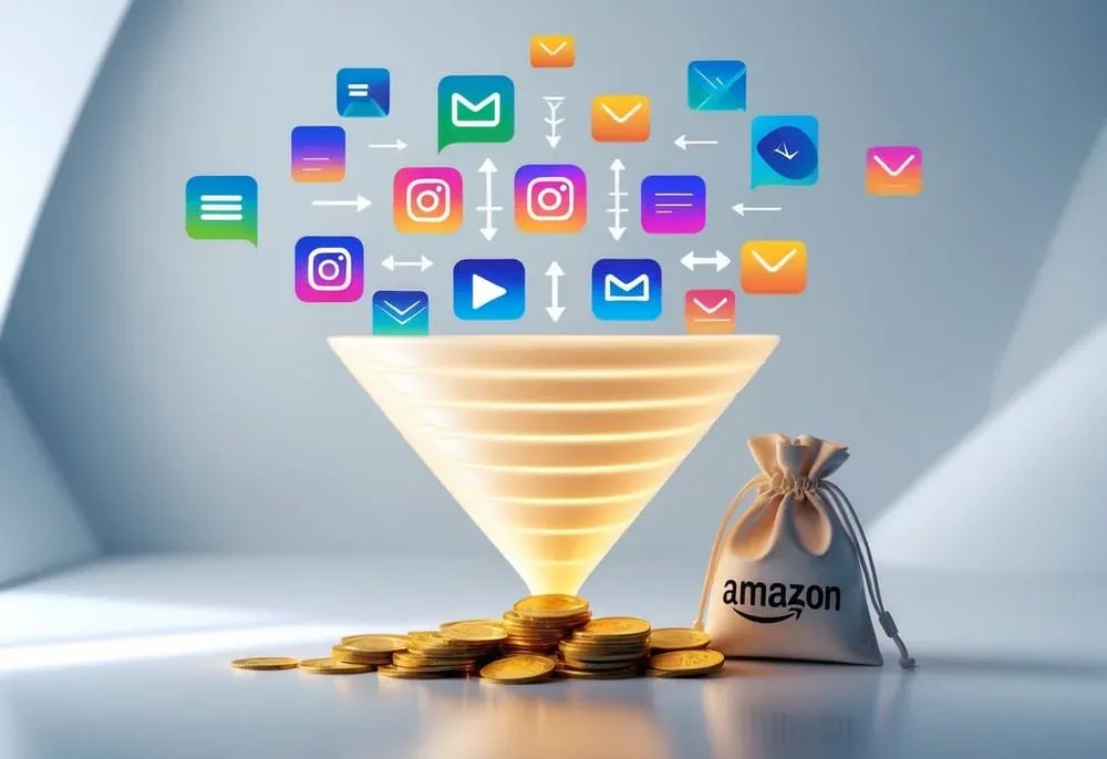 A metaphorical funnel image: different types of content (blog posts, YouTube thumbnails, social media photos, and email icons) float above a large glowing funnel. At the bottom, gold coins trickle out into a small Amazon-branded pouch.