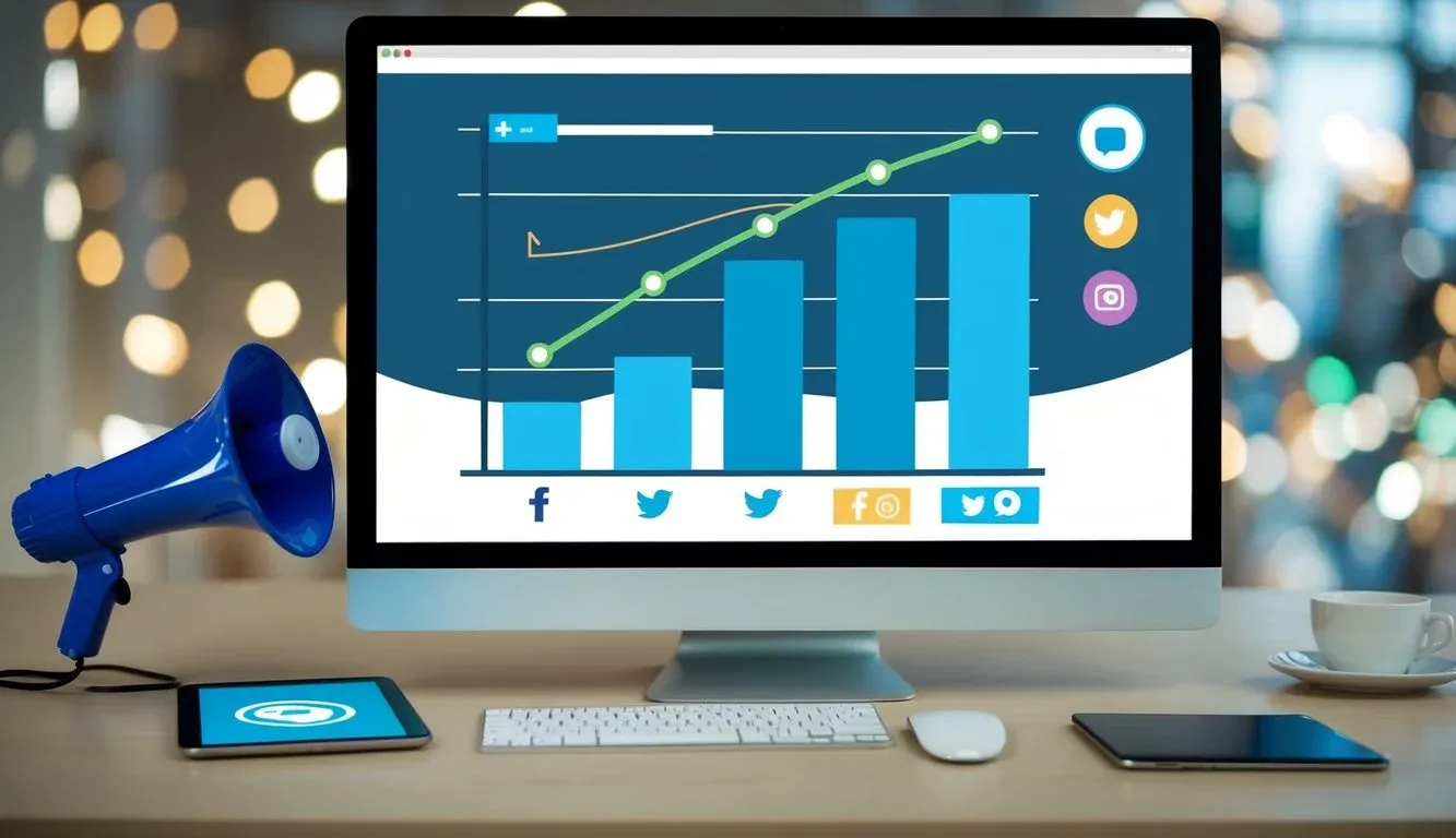 A computer screen showing a graph of website traffic increasing with a megaphone and social media icons in the background