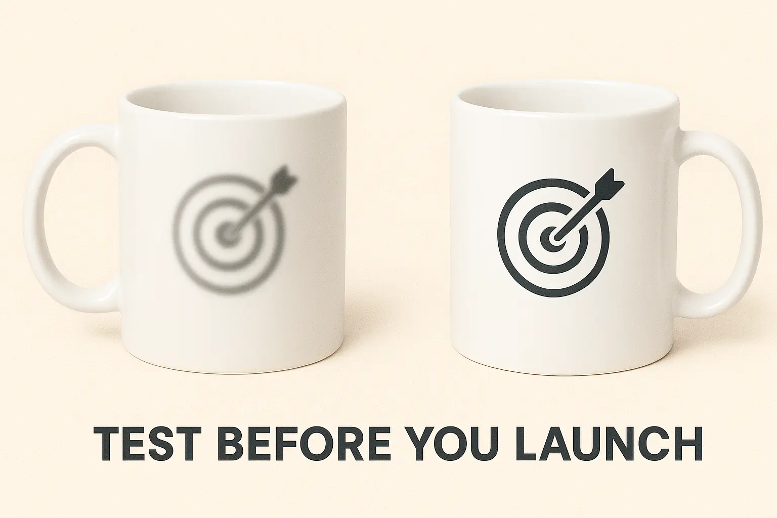 A blurry, misprinted product vs. a crisp, well-printed version on the same item — captioned “Test Before You Launch”