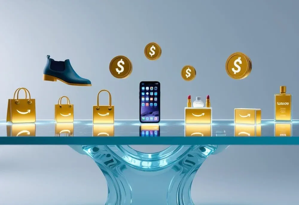 A semi-realistic 3D scene with a glowing glass table. On the surface, various Amazon product categories (like fashion, tech, beauty, and books) are represented by small glowing icons or mini-products. Floating above each are golden coins or percentage symbols, varying in size to represent different commission rates.