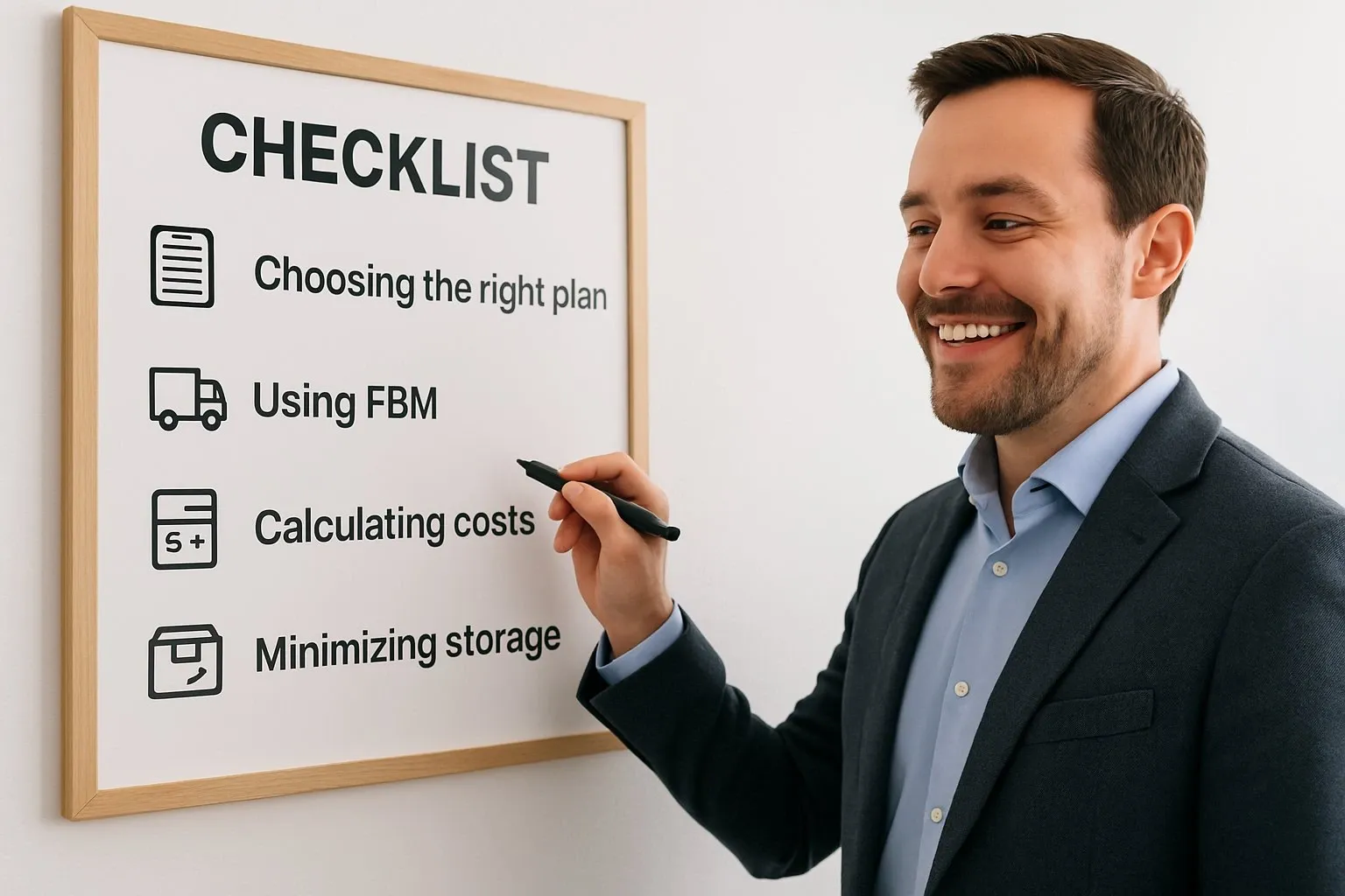 Checklist board with icons next to tips: choosing the right plan, using FBM, calculating costs, minimizing storage. Seller happily checking off each item.