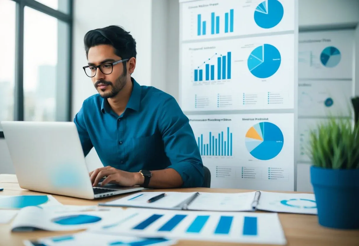 A person researching with a laptop surrounded by charts and graphs, brainstorming unique product ideas for online sales