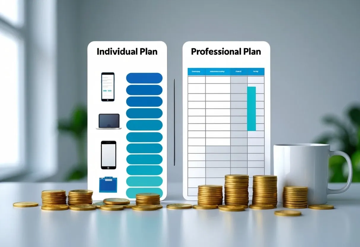 A comparison chart visual brought to life: one column for Individual Plan with coins and small-scale items, another for Professional Plan with stacks of inventory and a calendar showing recurring monthly payment.