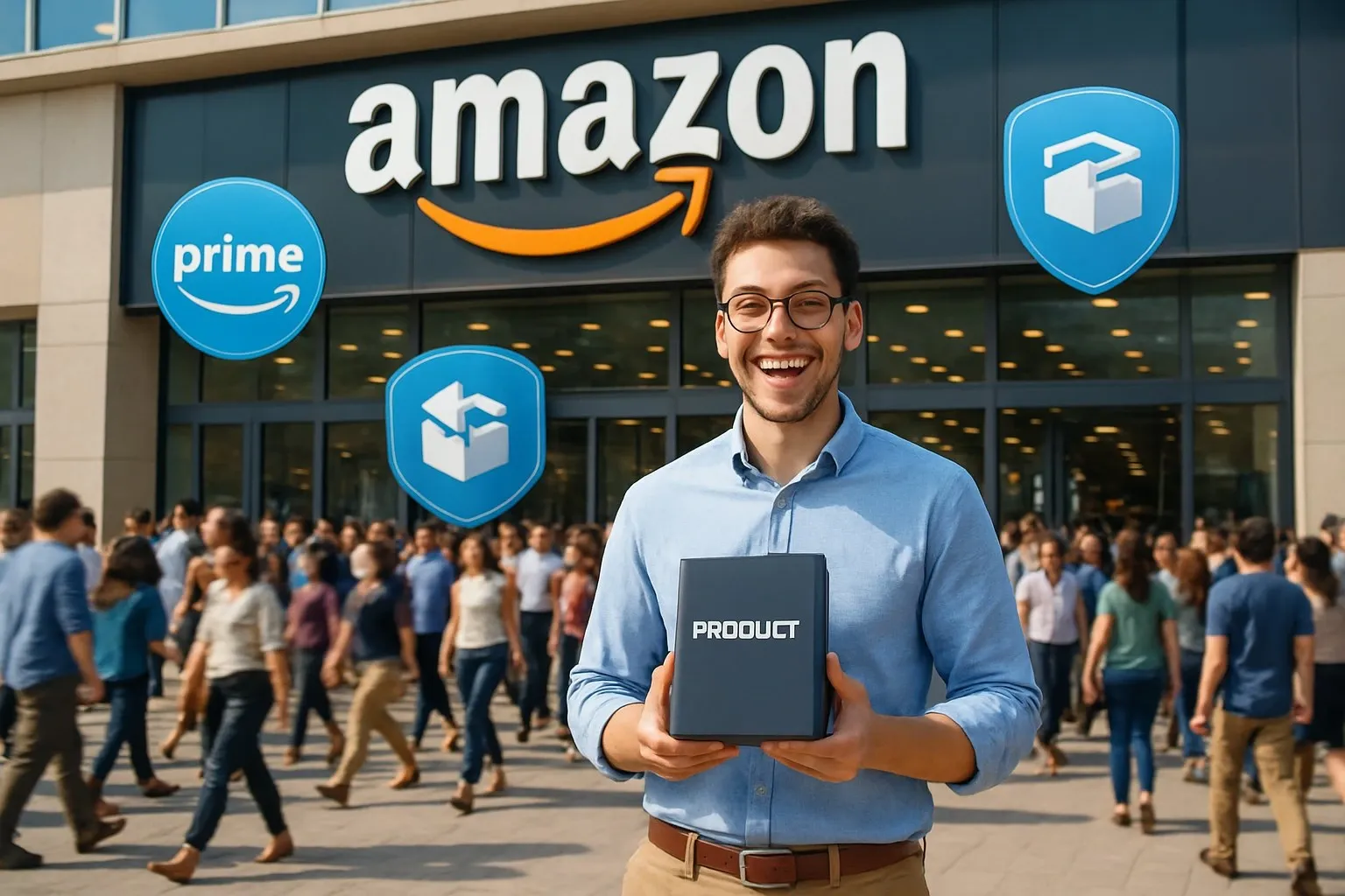 Seller standing in front of a giant Amazon storefront with millions of shoppers passing by. Seller looking excited, holding a product box. Benefits like Prime, returns, customer trust shown as floating icons.