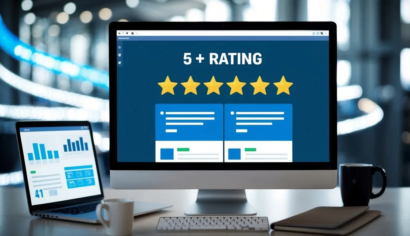 A computer screen showing a five-star rating and positive customer reviews, while a stream of website traffic flows in the background