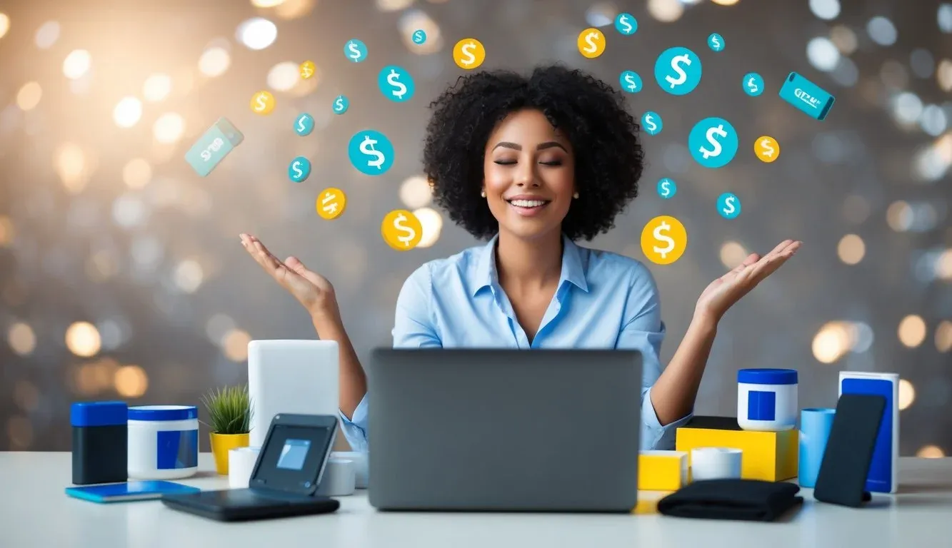 A person surrounded by various products, with a laptop open and a satisfied expression, as money symbols float around them