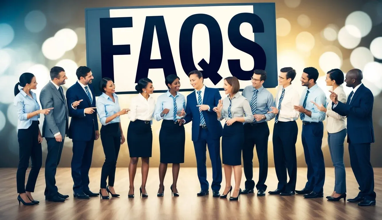 A group of people gathered around a large sign marked "FAQs," pointing and discussing with animated gestures