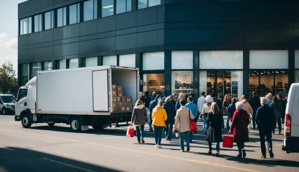 A bustling online store with a steady stream of visitors and delivery trucks outside