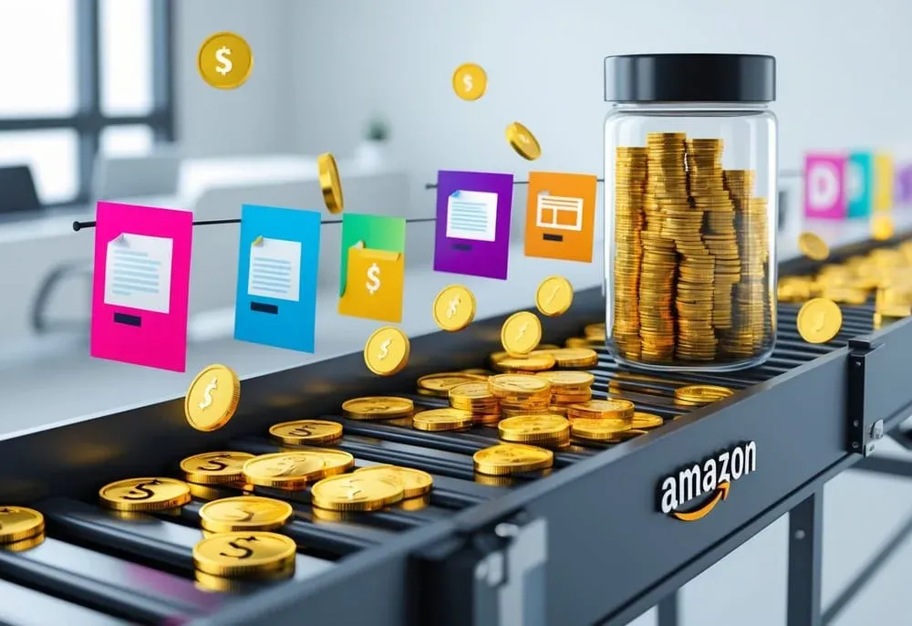 A stylized conveyor belt: blog post drafts, video thumbnails, product images move along the belt. As each piece hits a checkpoint, it transforms into coins and drops into a transparent Amazon jar at the end